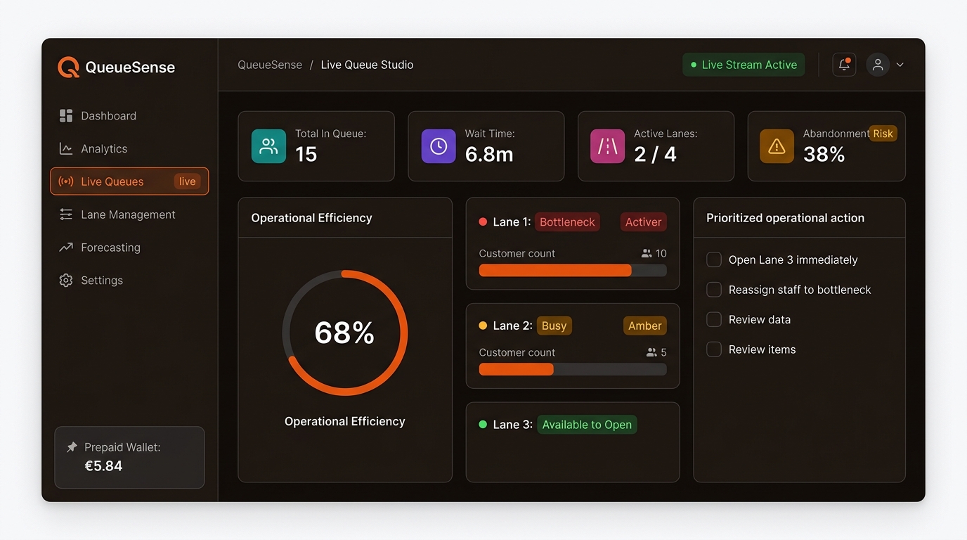 QueueSense Live Workspace Interface